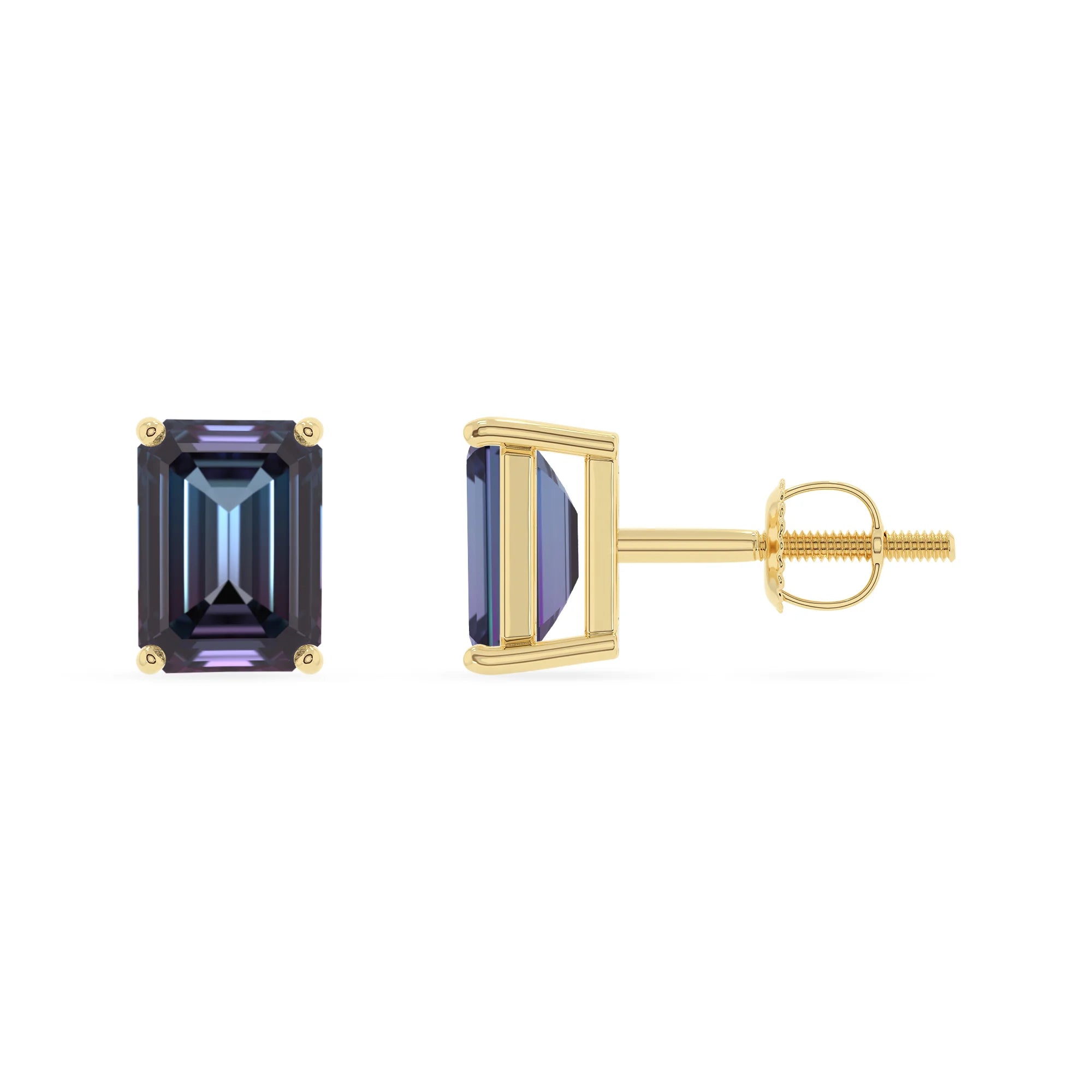 lab grown alexandrite emerald cut stud earrings in yellow gold 