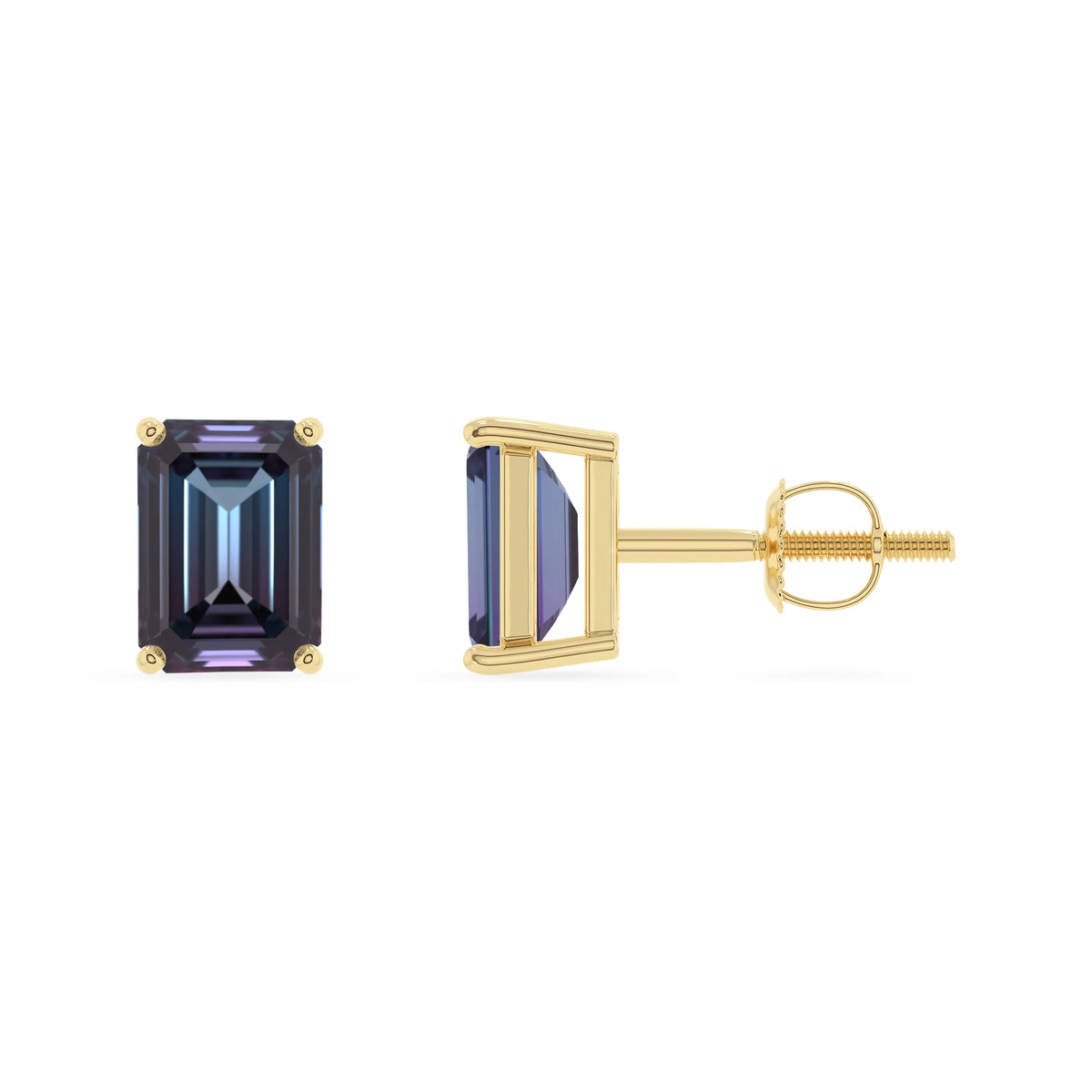 lab grown alexandrite emerald cut stud earrings in yellow gold 