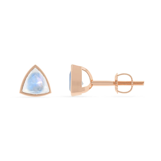 natural rainbow moonstone trillion stud earrings in rose gold 