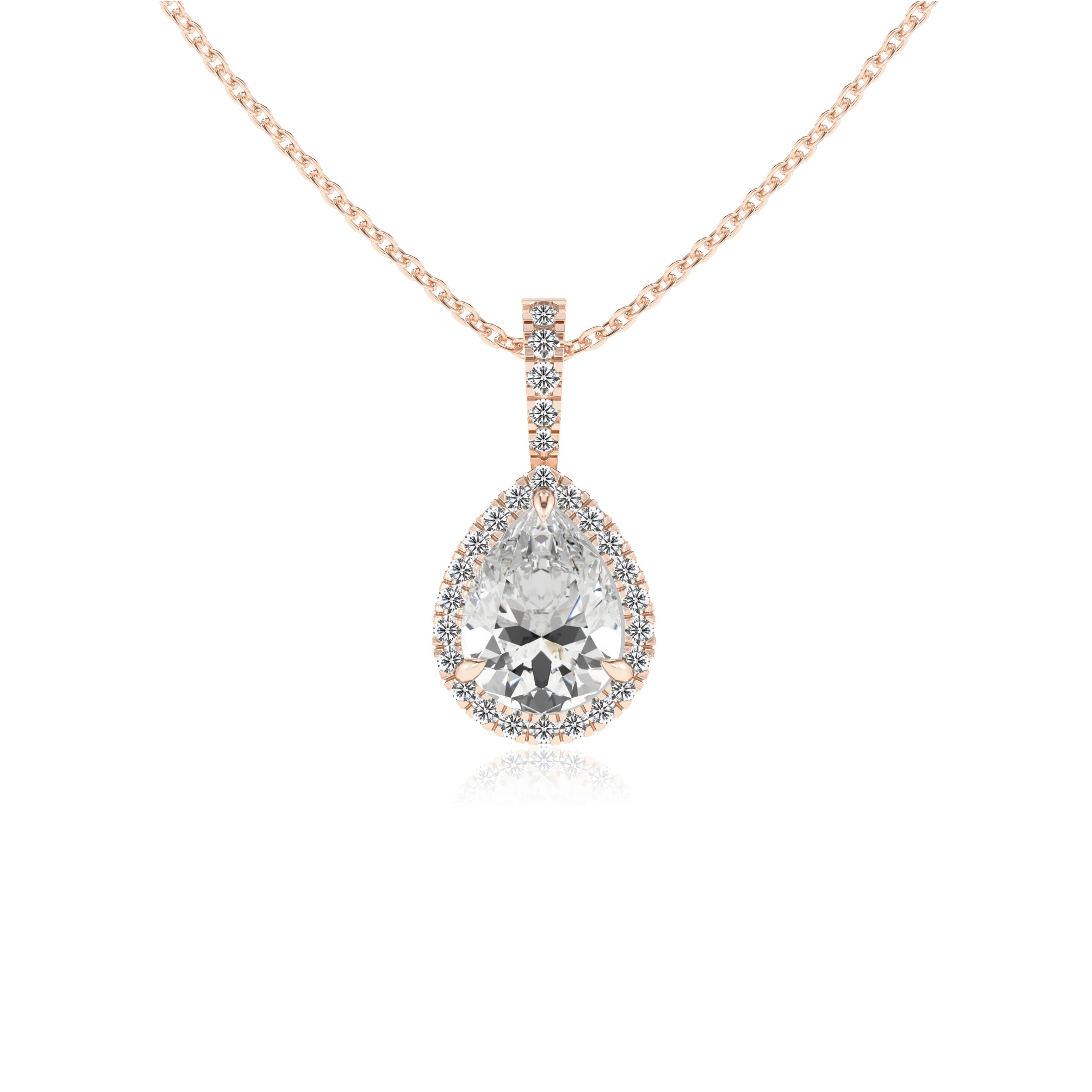 lab grown moissanite pear solitaire necklaces in rose gold 