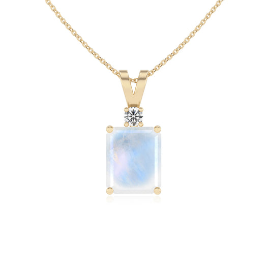 natural rainbow-moonstone emerald cut solitaire v-bale necklaces in yellow gold 