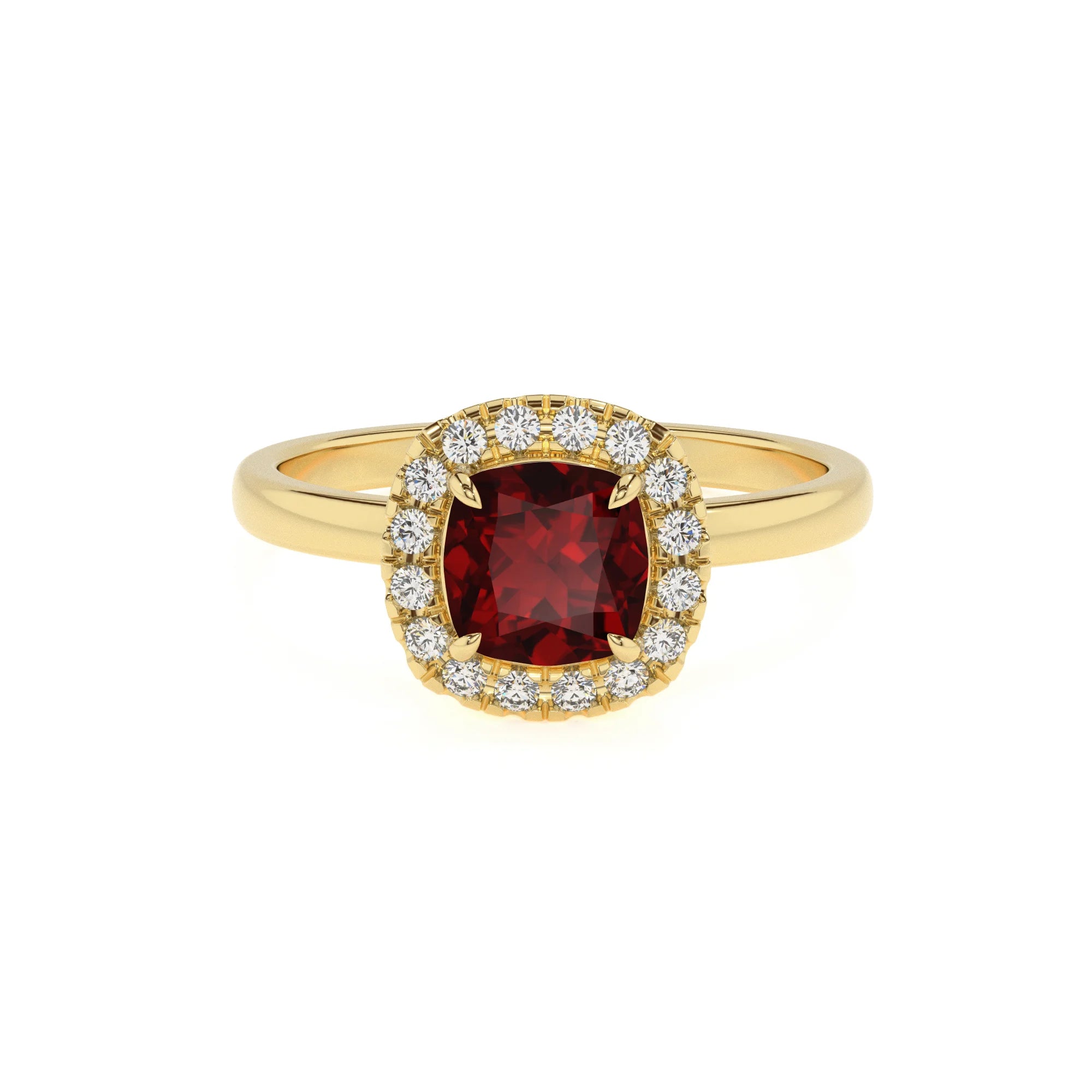 natural garnet cushion solitaire rings in yellow gold 
