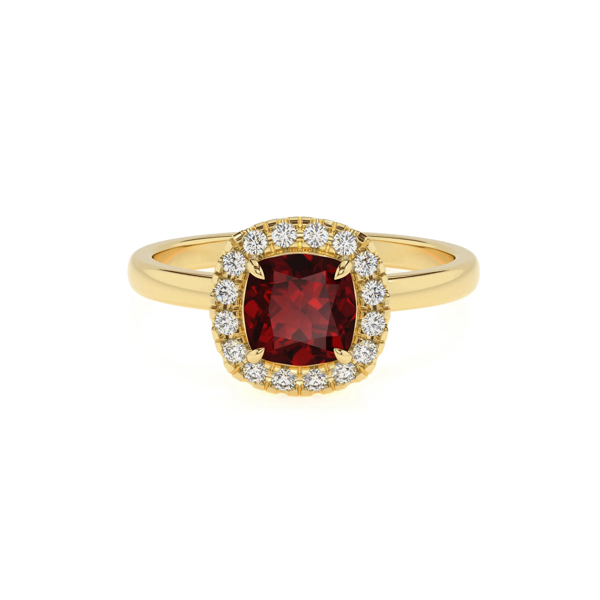 natural garnet cushion solitaire rings in yellow gold 