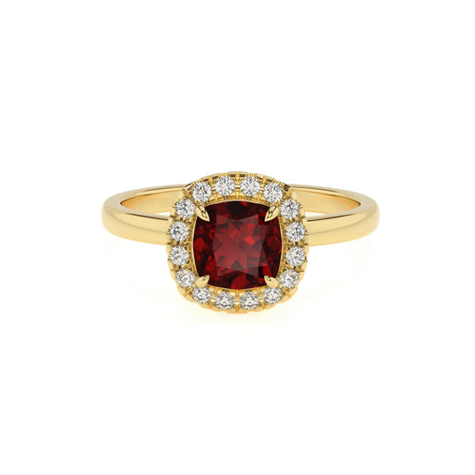 natural garnet cushion solitaire rings in yellow gold 