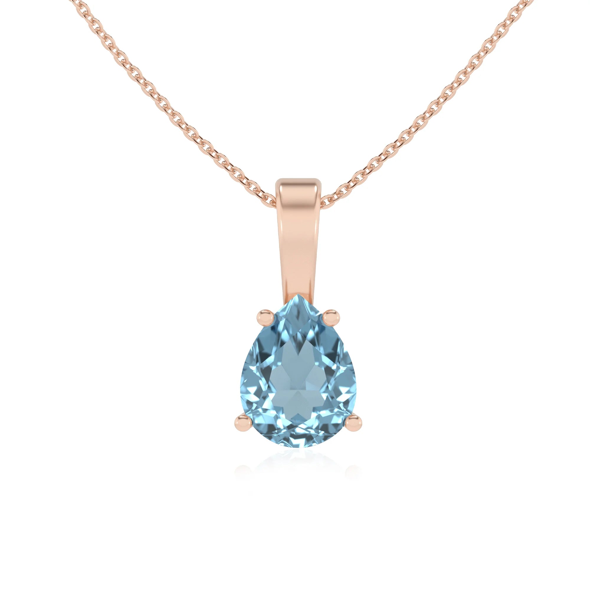 lab grown aquamarine pear solitaire necklaces in rose gold 