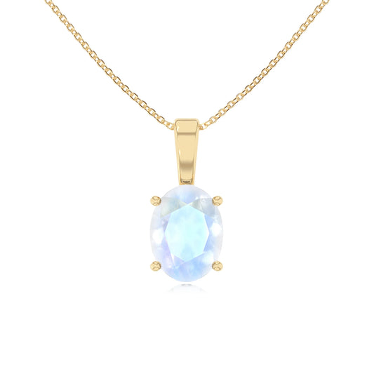 natural rainbow-moonstone oval solitaire necklaces in yellow gold 
