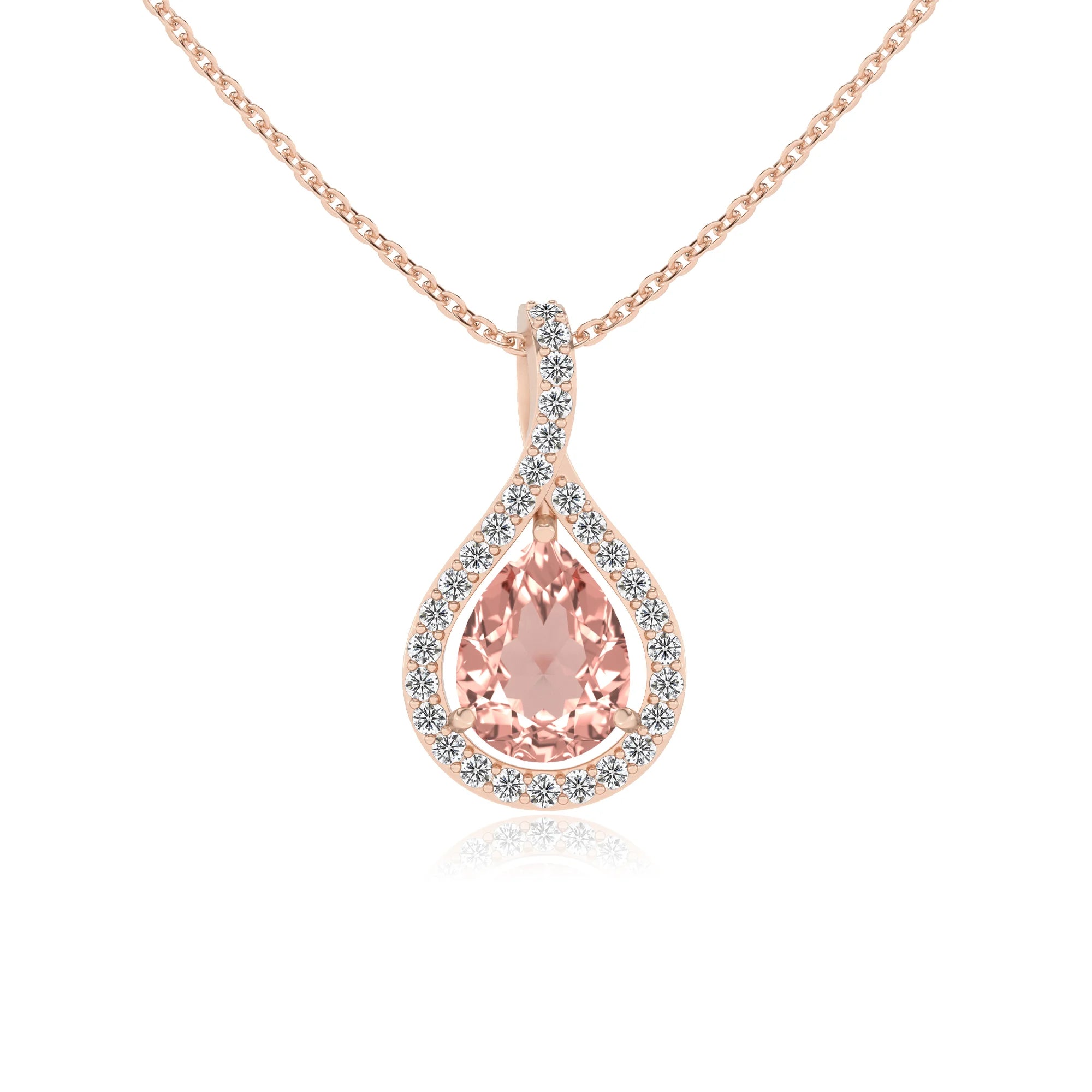 lab grown morganite pear solitaire necklaces in rose gold 