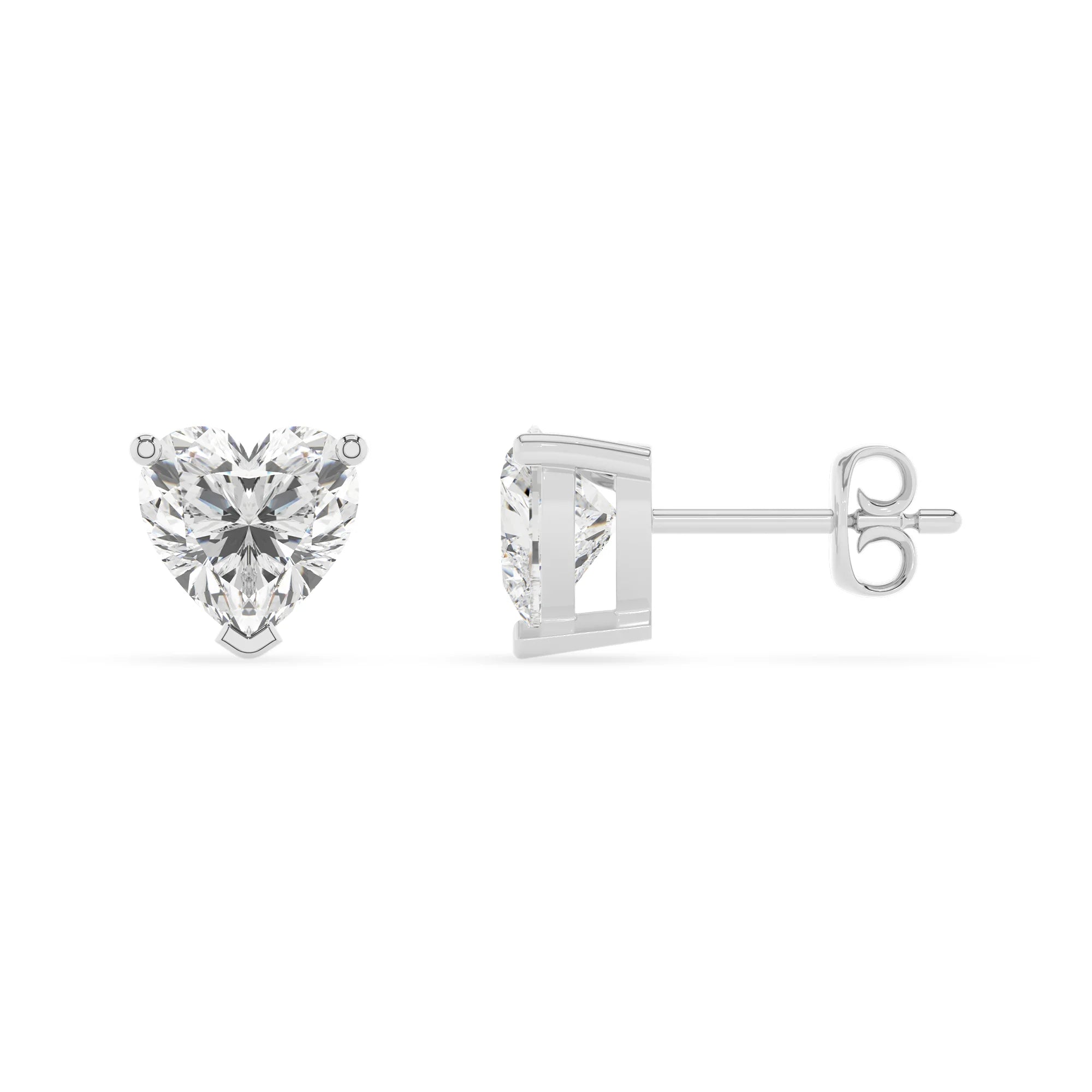 lab grown moissanite heart stud earrings in white gold 
