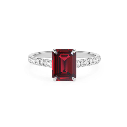 lab grown ruby emerald cut half eternity solitaire engagement rings in sterling silver 