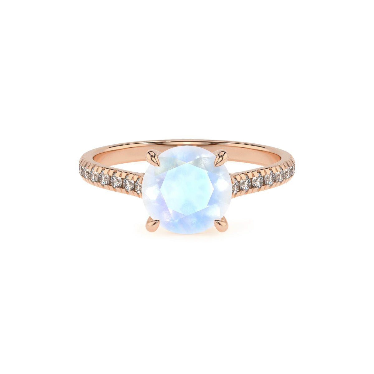 natural rainbow-moonstone round half eternity solitaire engagement rings in rose gold 
