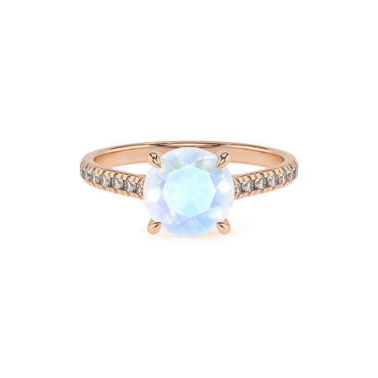 natural rainbow-moonstone round half eternity solitaire engagement rings in rose gold 