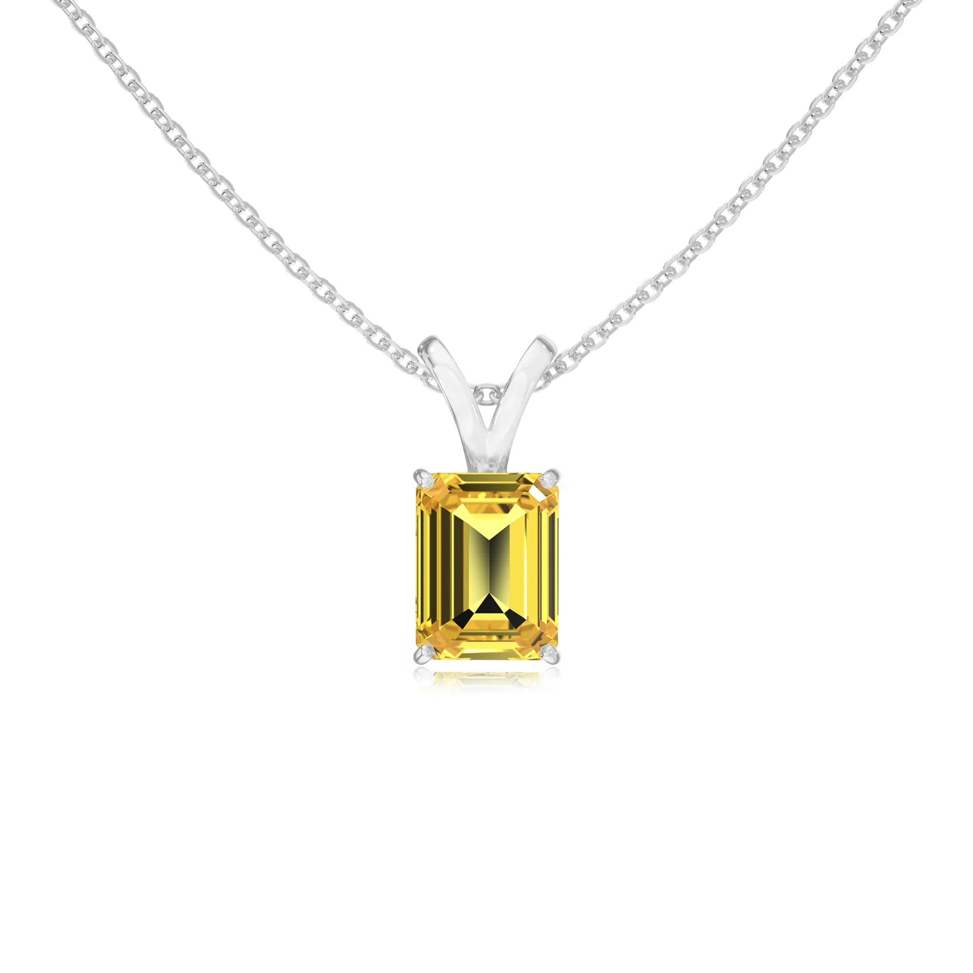 lab grown yellow-sapphire emerald cut solitaire v-bale necklaces in sterling silver 