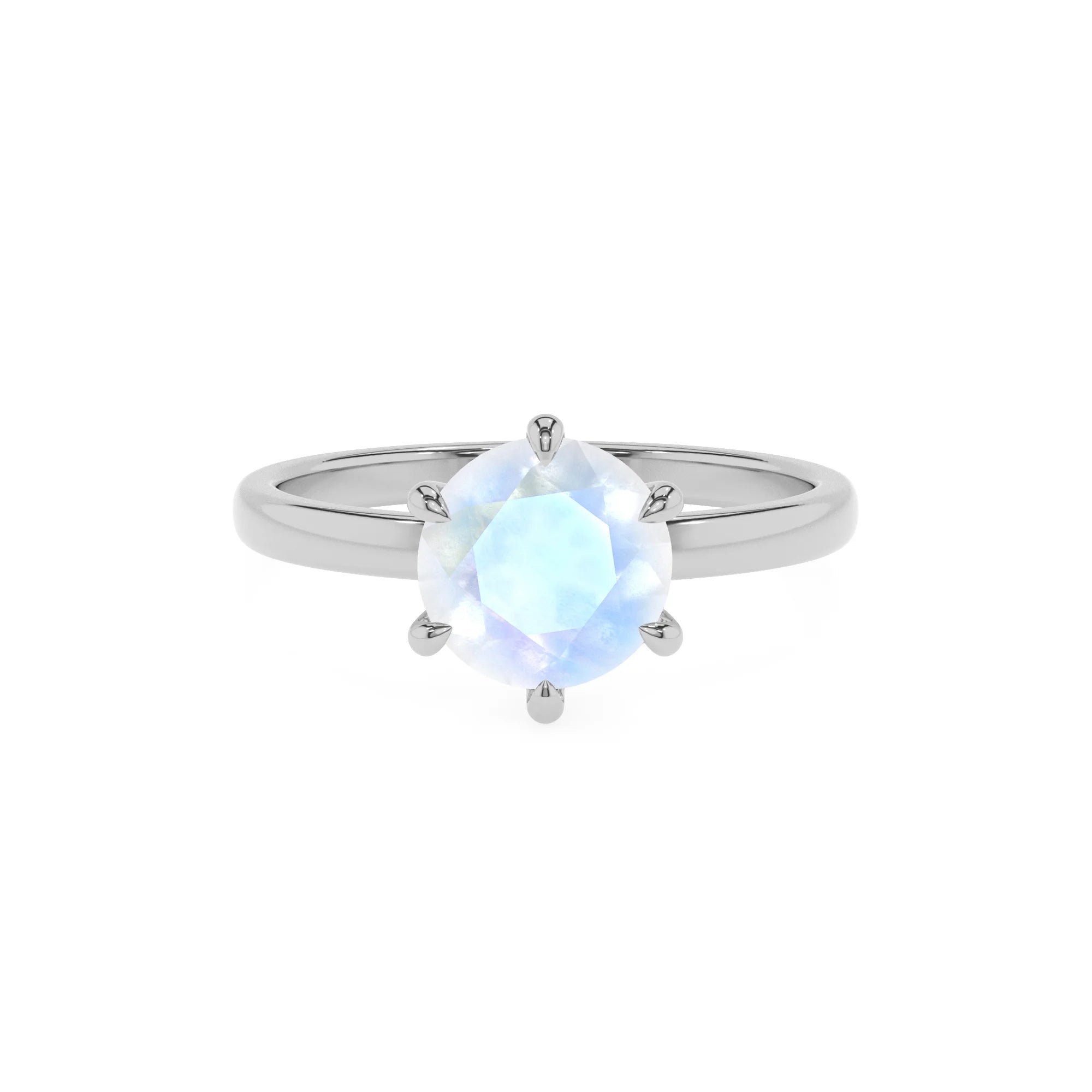 natural rainbow-moonstone round solitaire rings in white gold 