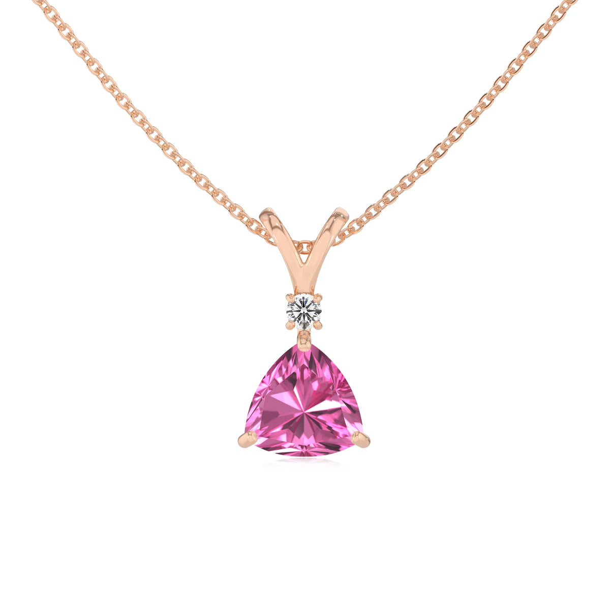 lab grown pink-sapphire trillion solitaire v-bale necklaces in rose gold 