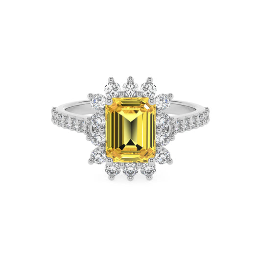 lab grown yellow-sapphire emerald cut solitaire rings in platinum 