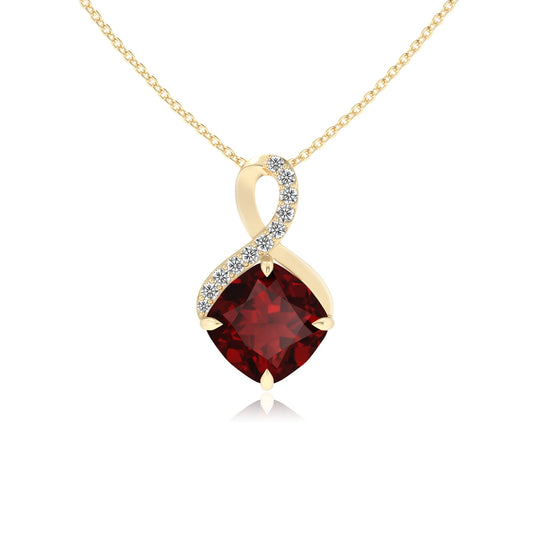 natural garnet cushion infinity necklaces in yellow gold 