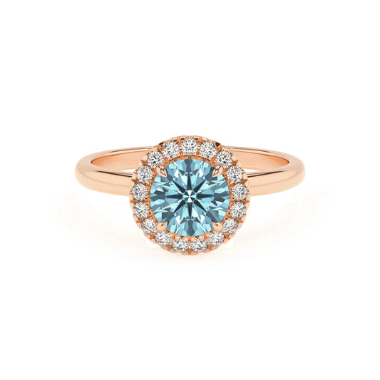 lab grown aquamarine round solitaire rings in rose gold 