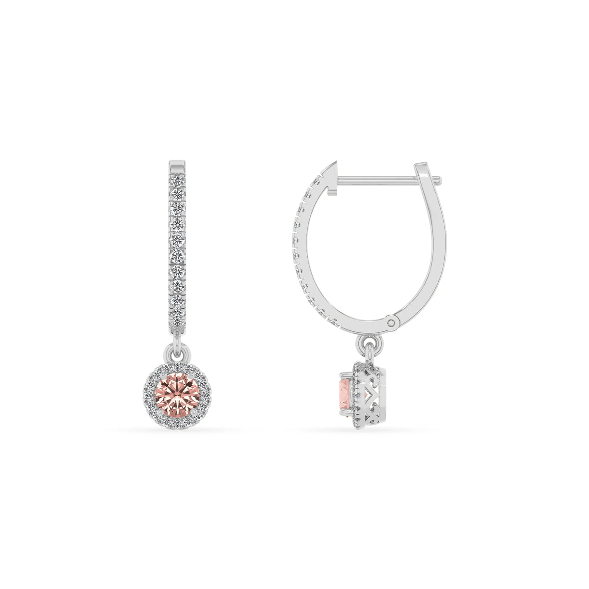 lab grown morganite round drop earrings in white gold 