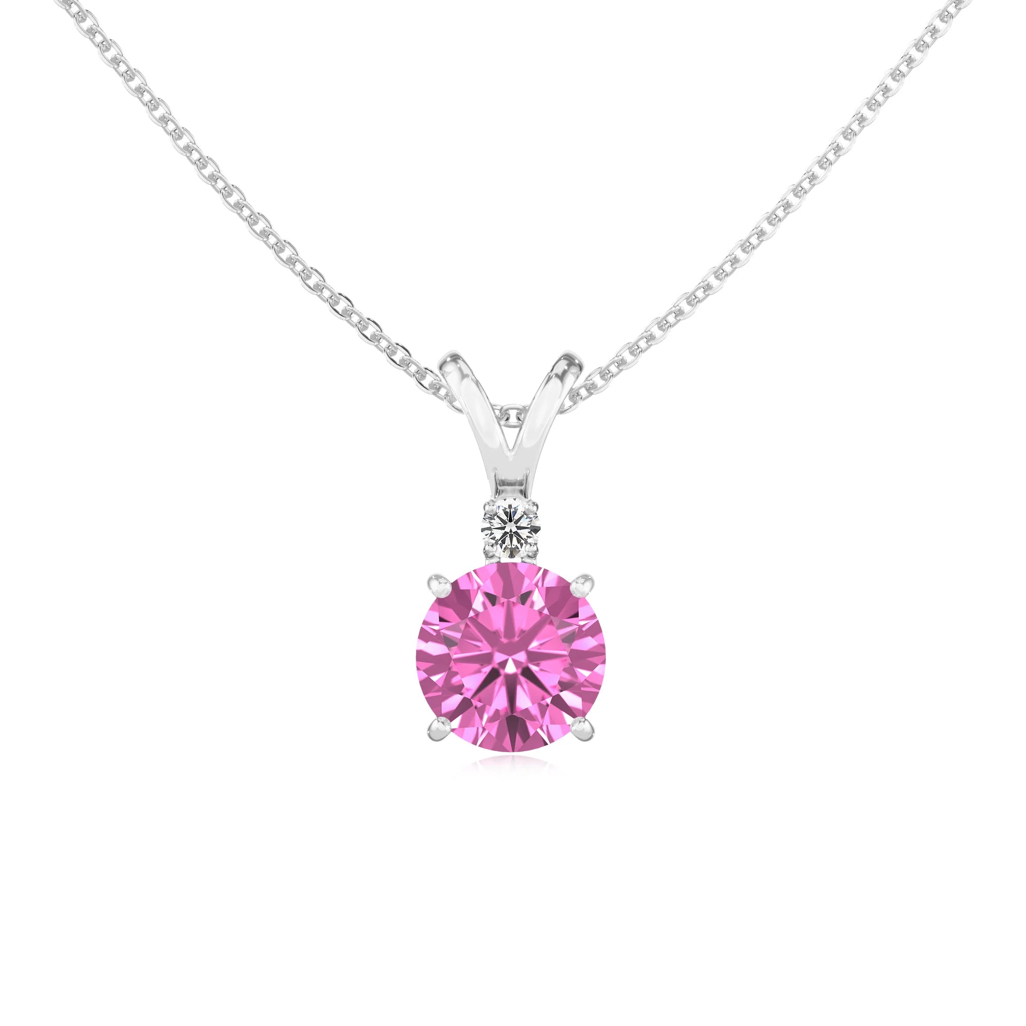 lab grown pink-sapphire round solitaire v-bale necklaces in sterling silver 