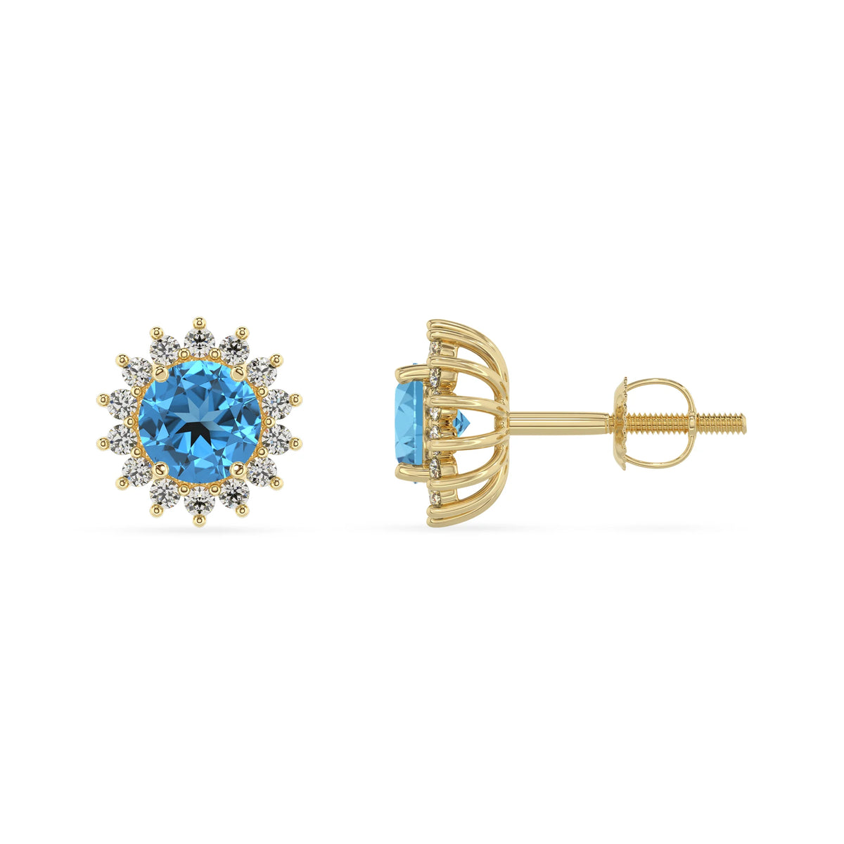 natural swiss blue topaz round stud earrings in yellow gold 
