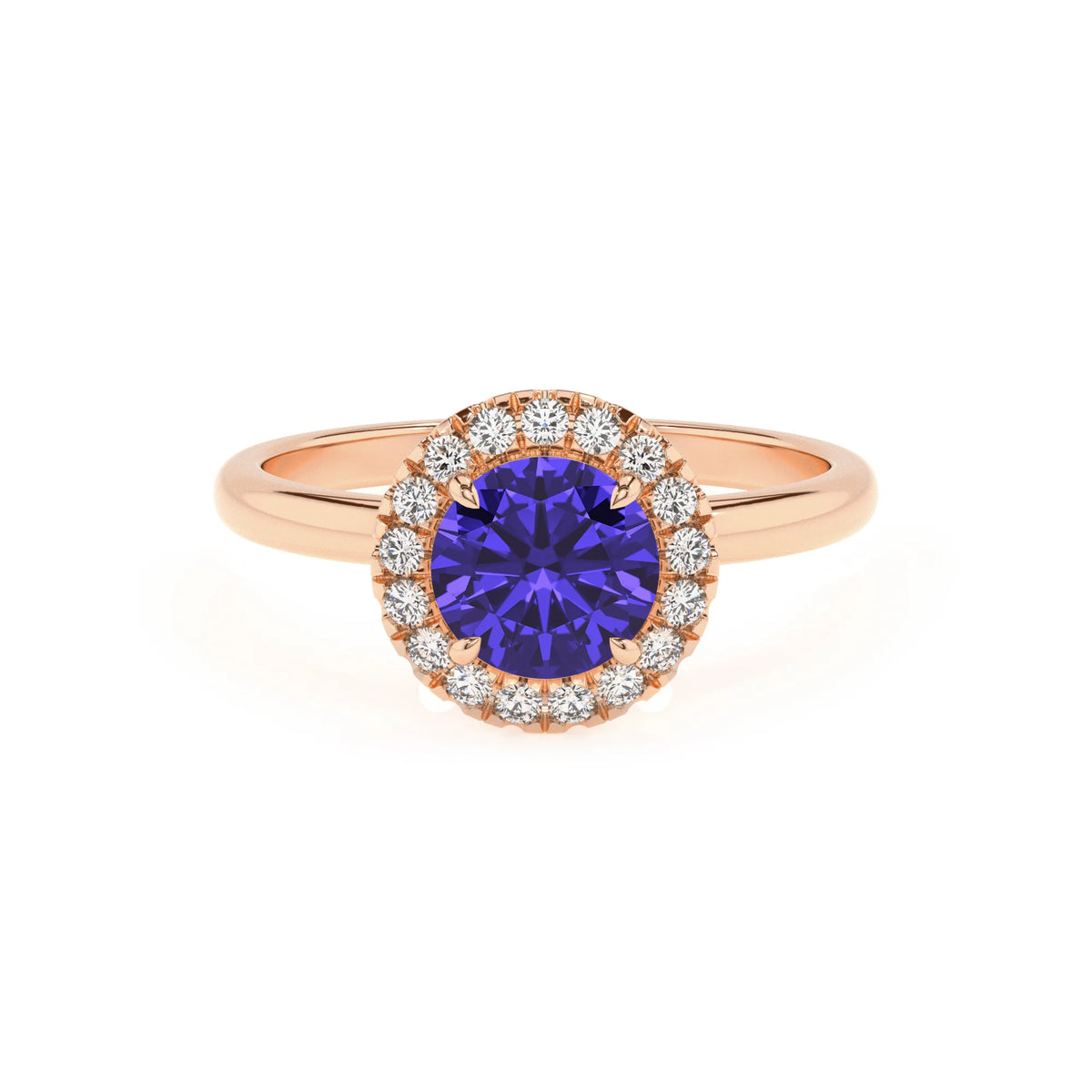 lab grown tanzanite round solitaire rings in rose gold 