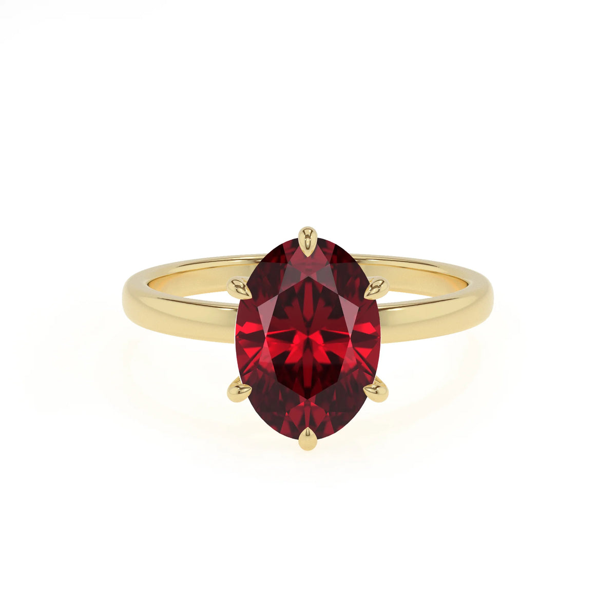 lab grown ruby oval solitaire rings in yellow gold 