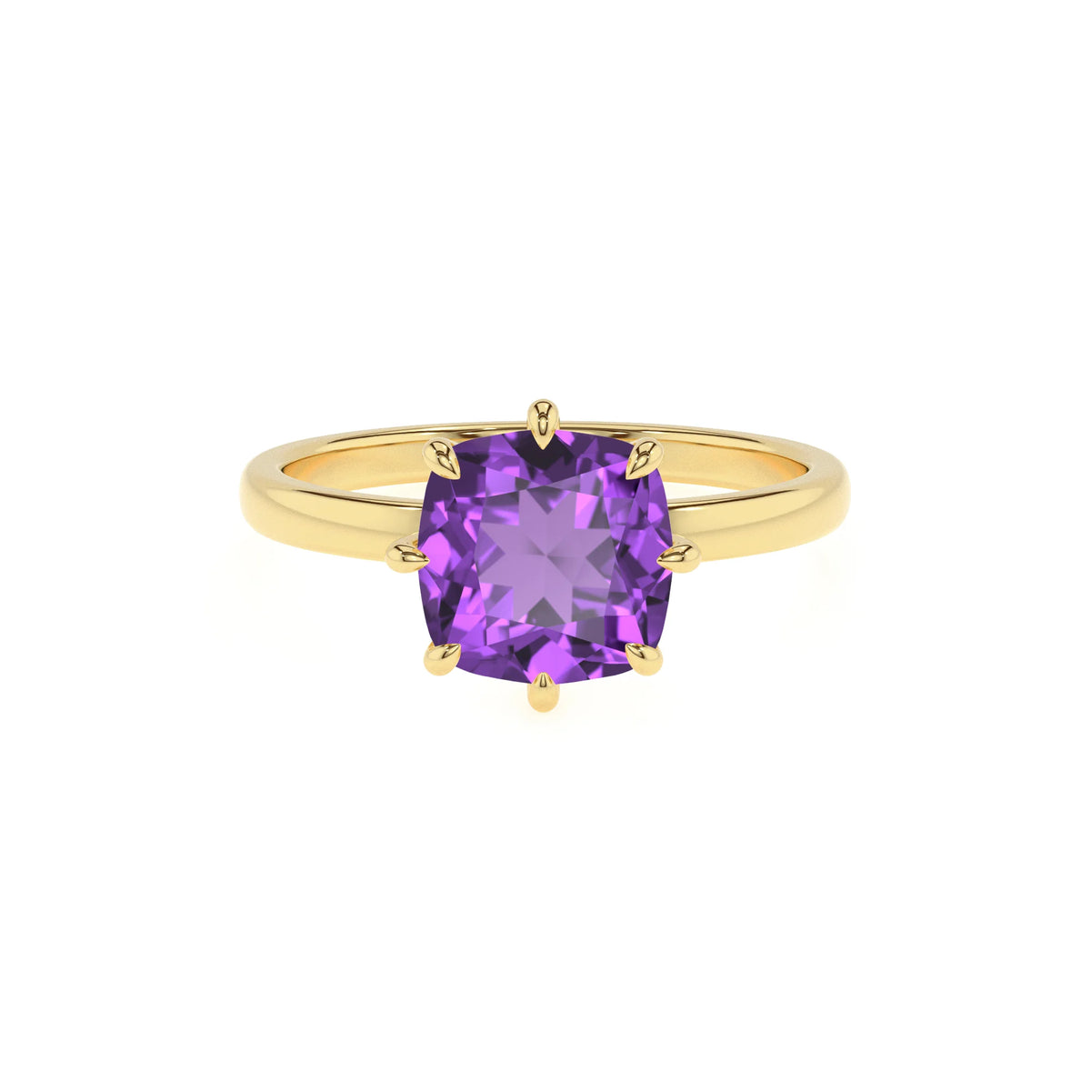 lab grown amethyst cushion solitaire rings in yellow gold 