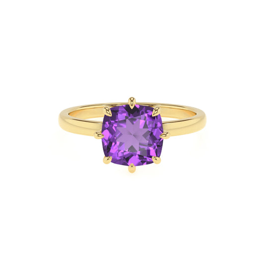 lab grown amethyst cushion solitaire rings in yellow gold 