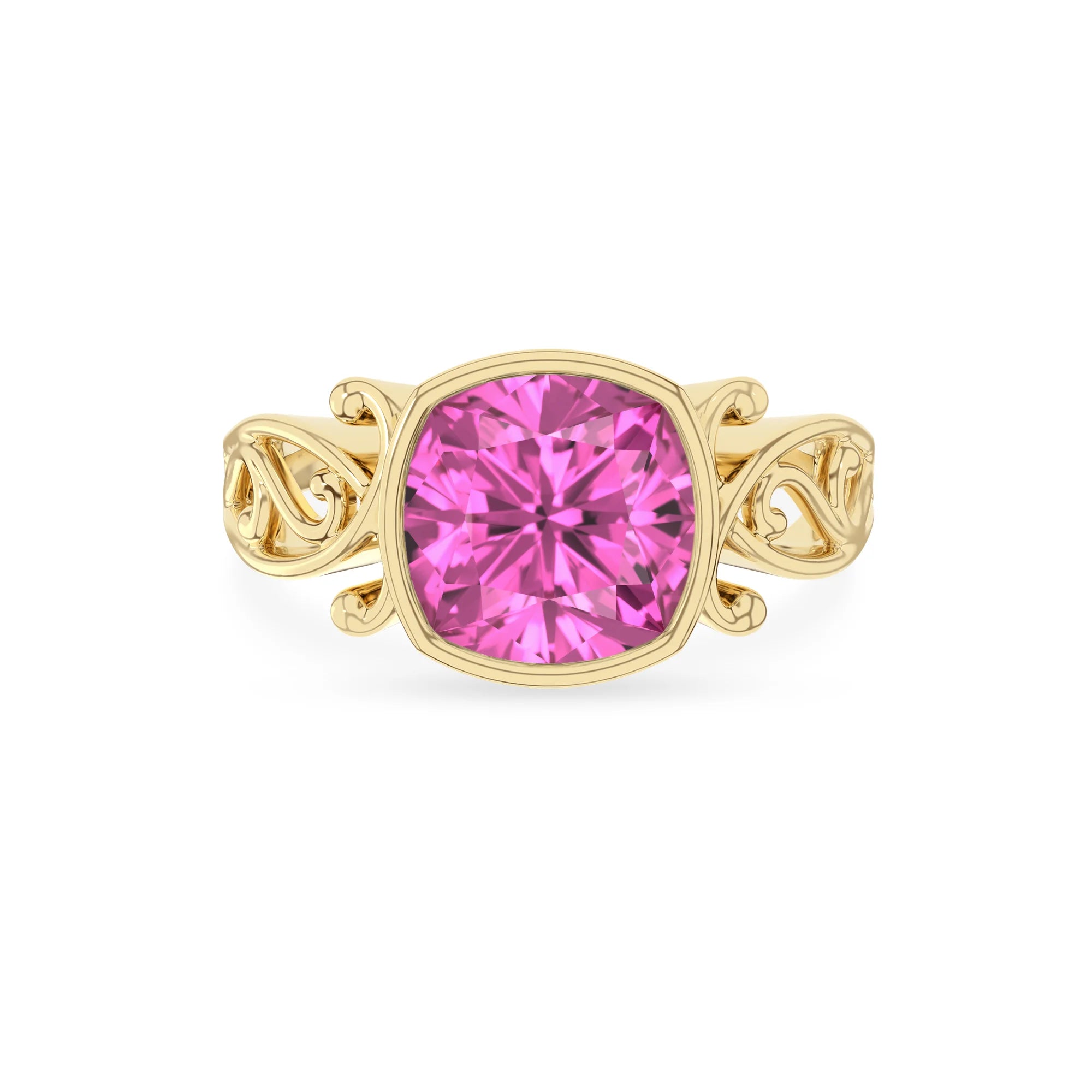 lab grown pink-sapphire cushion solitaire rings in yellow gold 