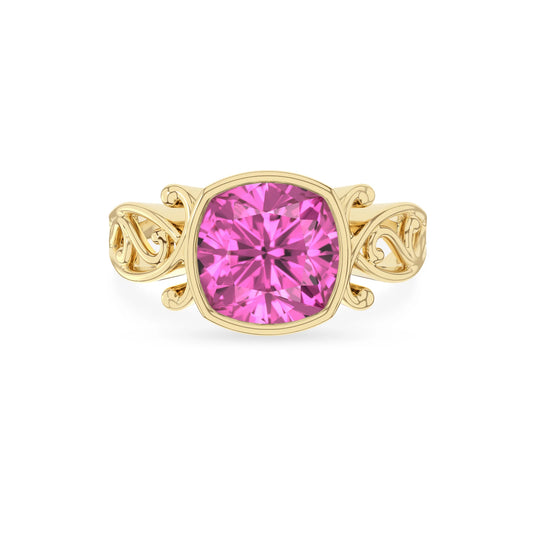 lab grown pink-sapphire cushion solitaire rings in yellow gold 