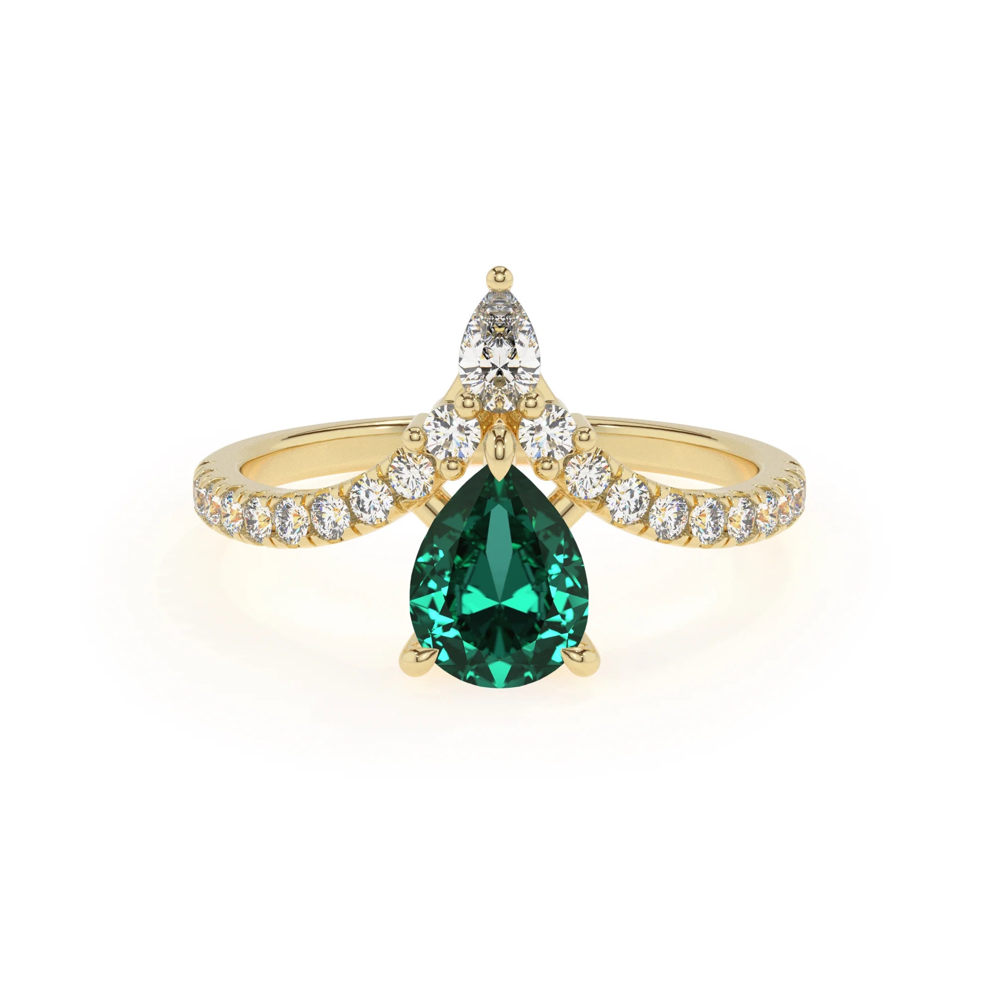 lab grown emerald pear solitaire rings in yellow gold 