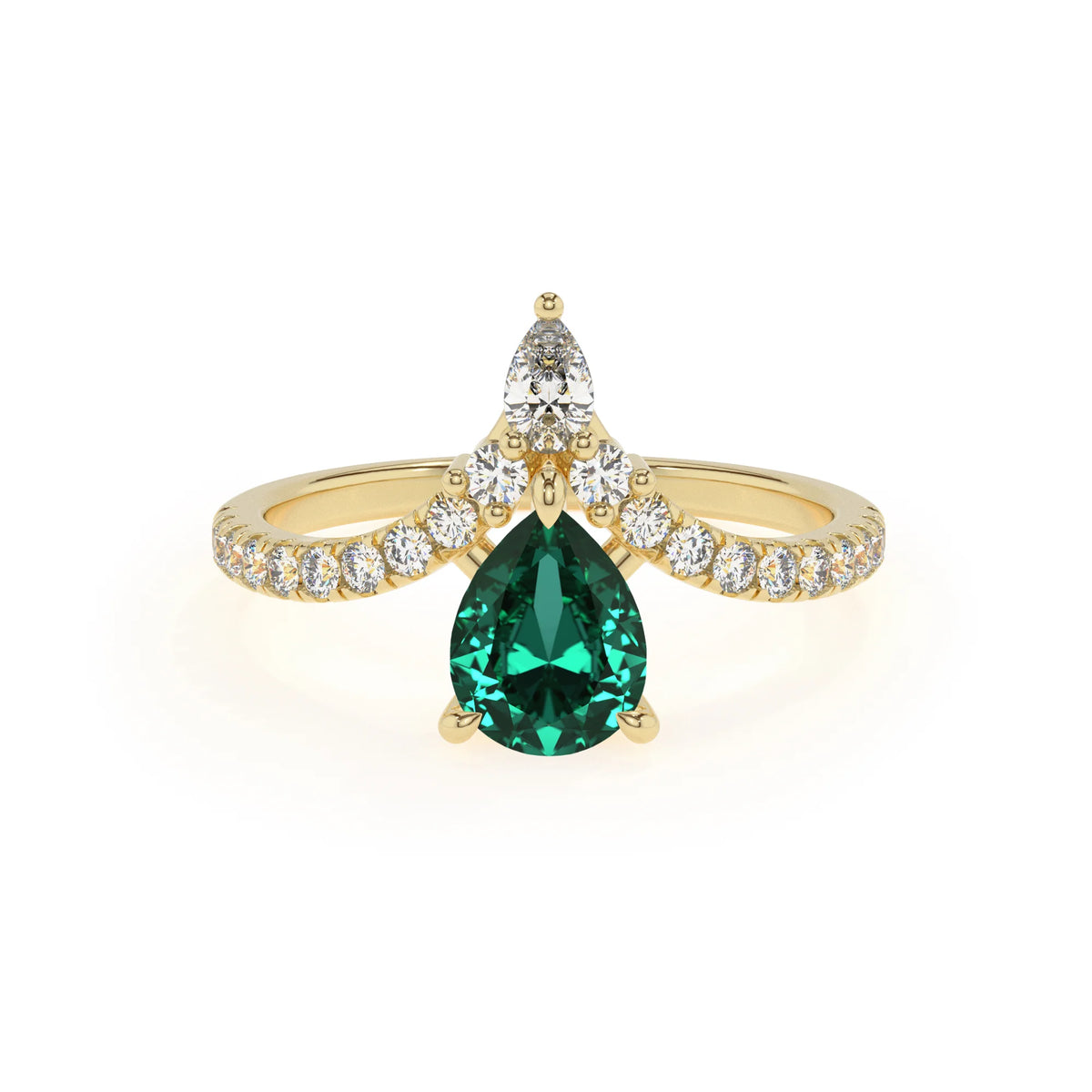 lab grown emerald pear solitaire rings in yellow gold 