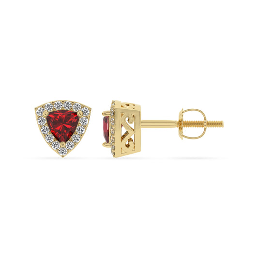 lab grown ruby trillion stud earrings in yellow gold 
