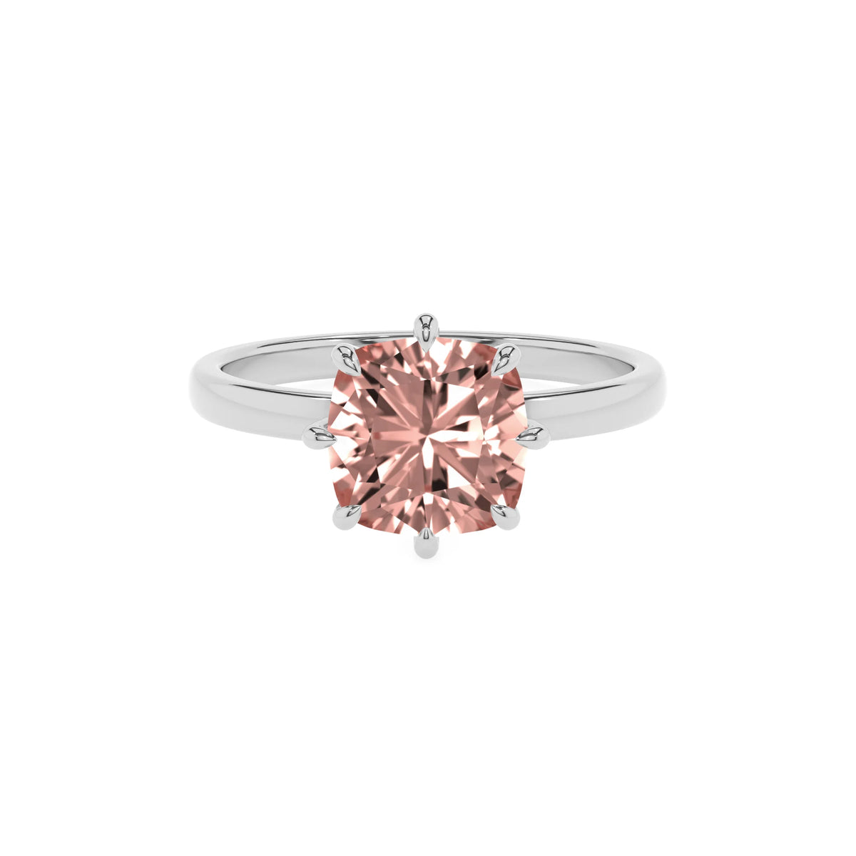 lab grown morganite cushion solitaire rings in sterling silver 
