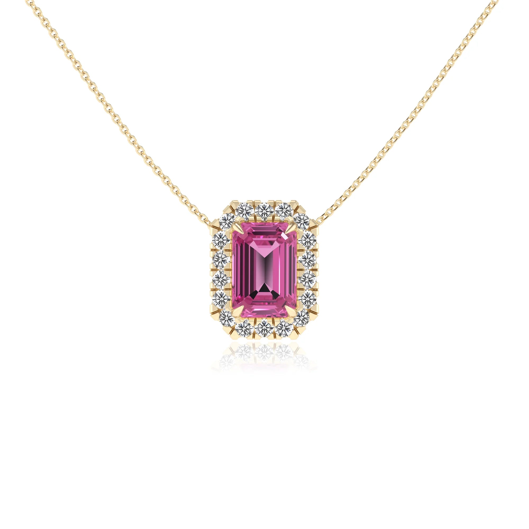lab grown pink sapphire emerald cut solitaire necklaces in yellow gold 