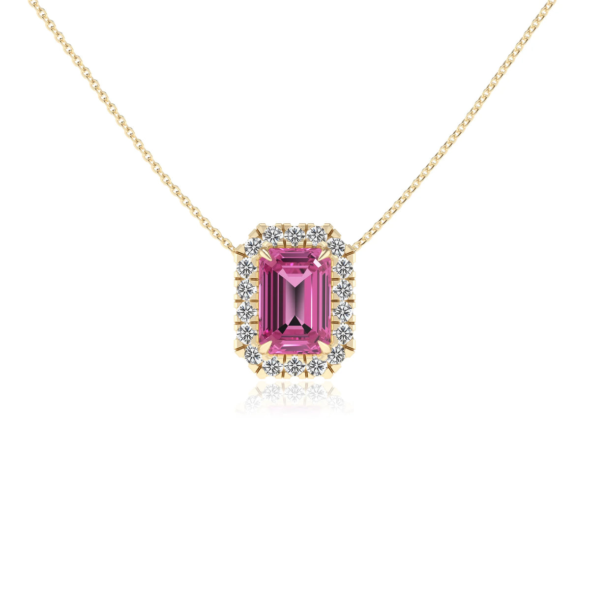 lab grown pink sapphire emerald cut solitaire necklaces in yellow gold 