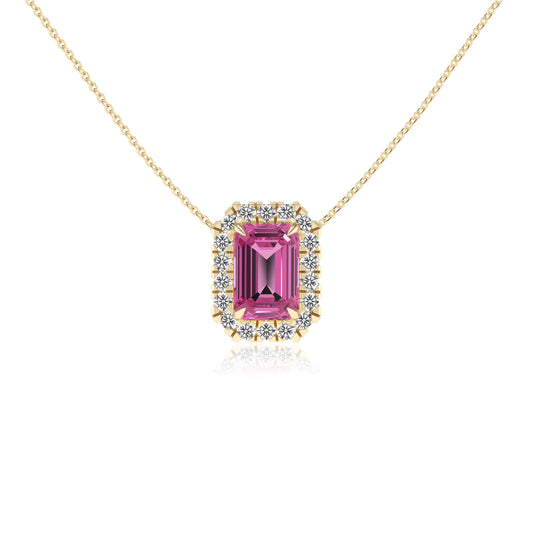 lab grown pink sapphire emerald cut solitaire necklaces in yellow gold 