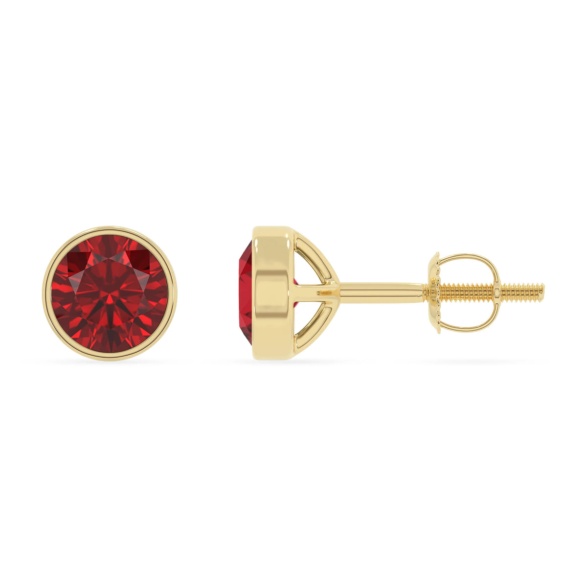 lab grown ruby round stud earrings in yellow gold 