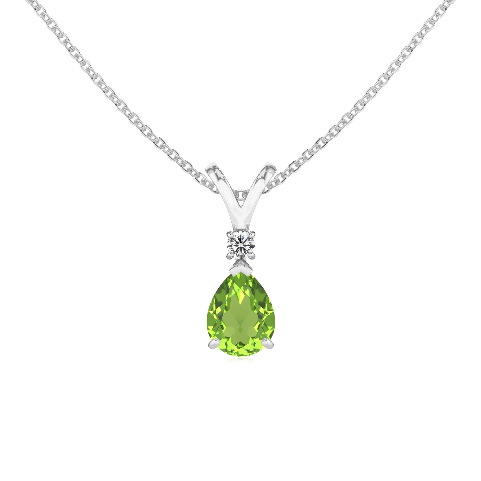 natural peridot pear solitaire v-bale necklaces in platinum 