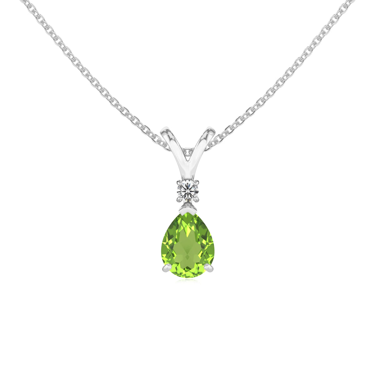 natural peridot pear solitaire v-bale necklaces in platinum 