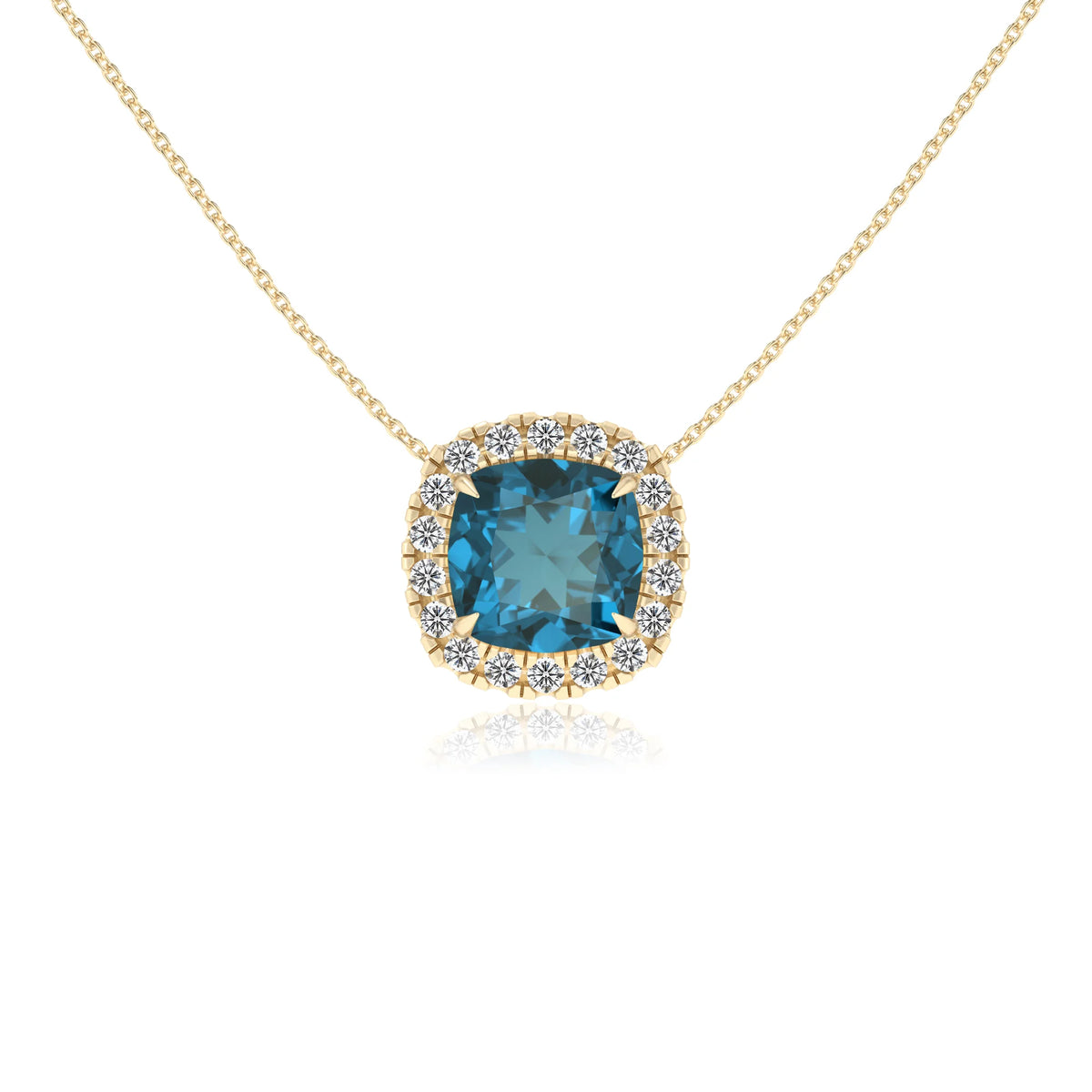 natural london blue topaz cushion solitaire necklaces in yellow gold 