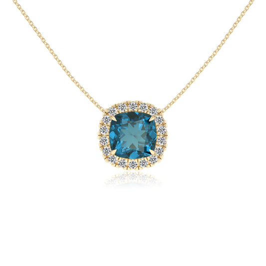 natural london blue topaz cushion solitaire necklaces in yellow gold 