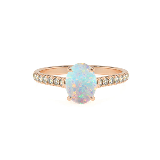 lab grown opal oval half eternity solitaire engagement rings in rose gold 