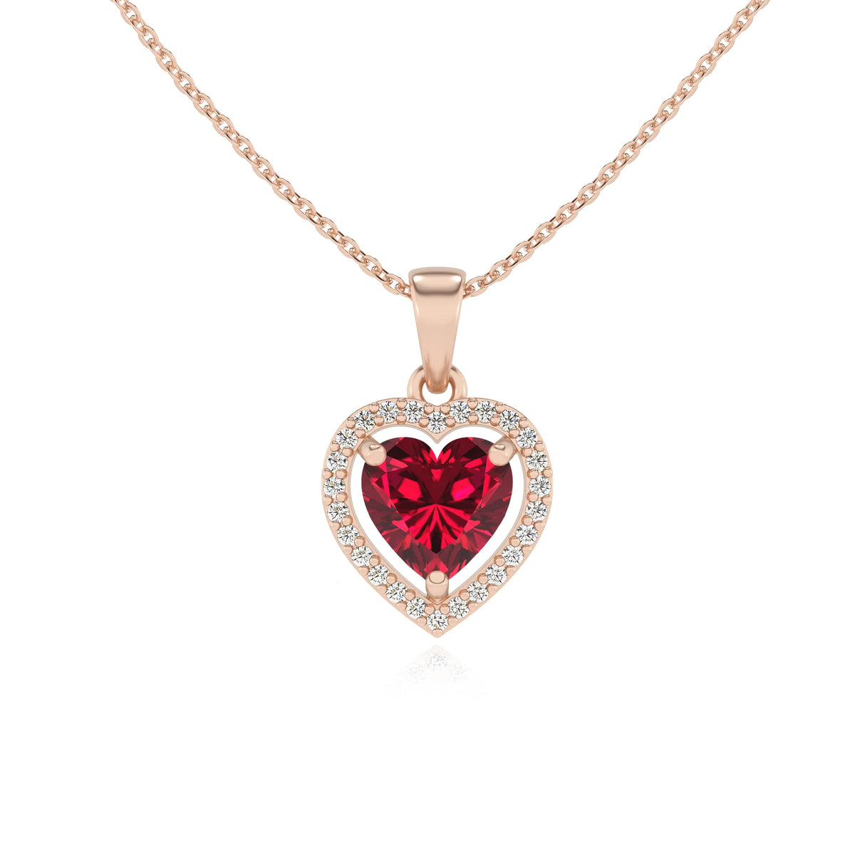 lab grown ruby heart solitaire necklaces in rose gold 