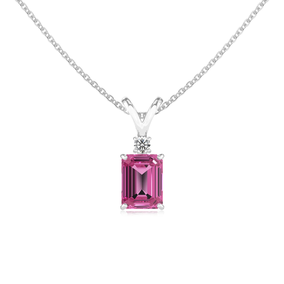 lab grown pink-sapphire emerald cut solitaire v-bale necklaces in sterling silver 