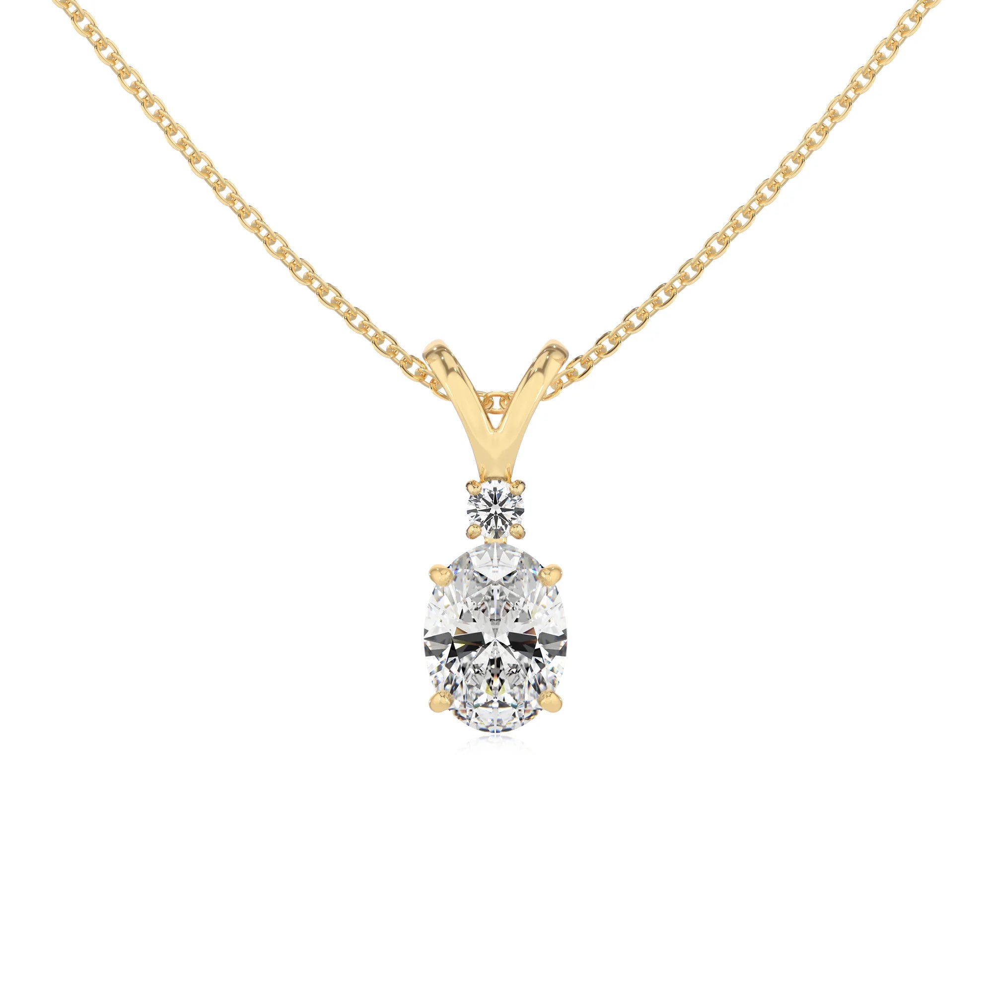 lab grown moissanite oval solitaire v-bale necklaces in yellow gold 