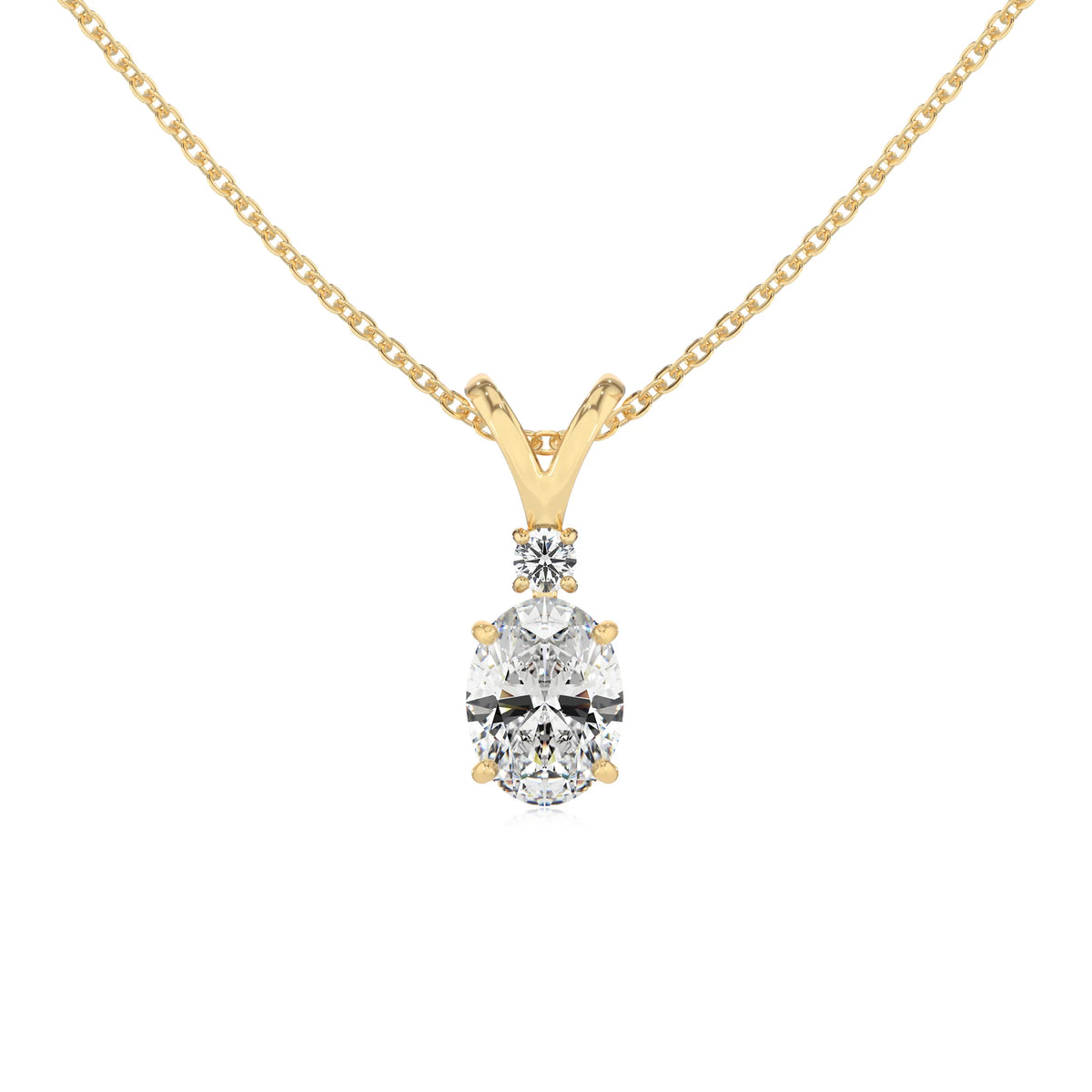 lab grown moissanite oval solitaire v-bale necklaces in yellow gold 