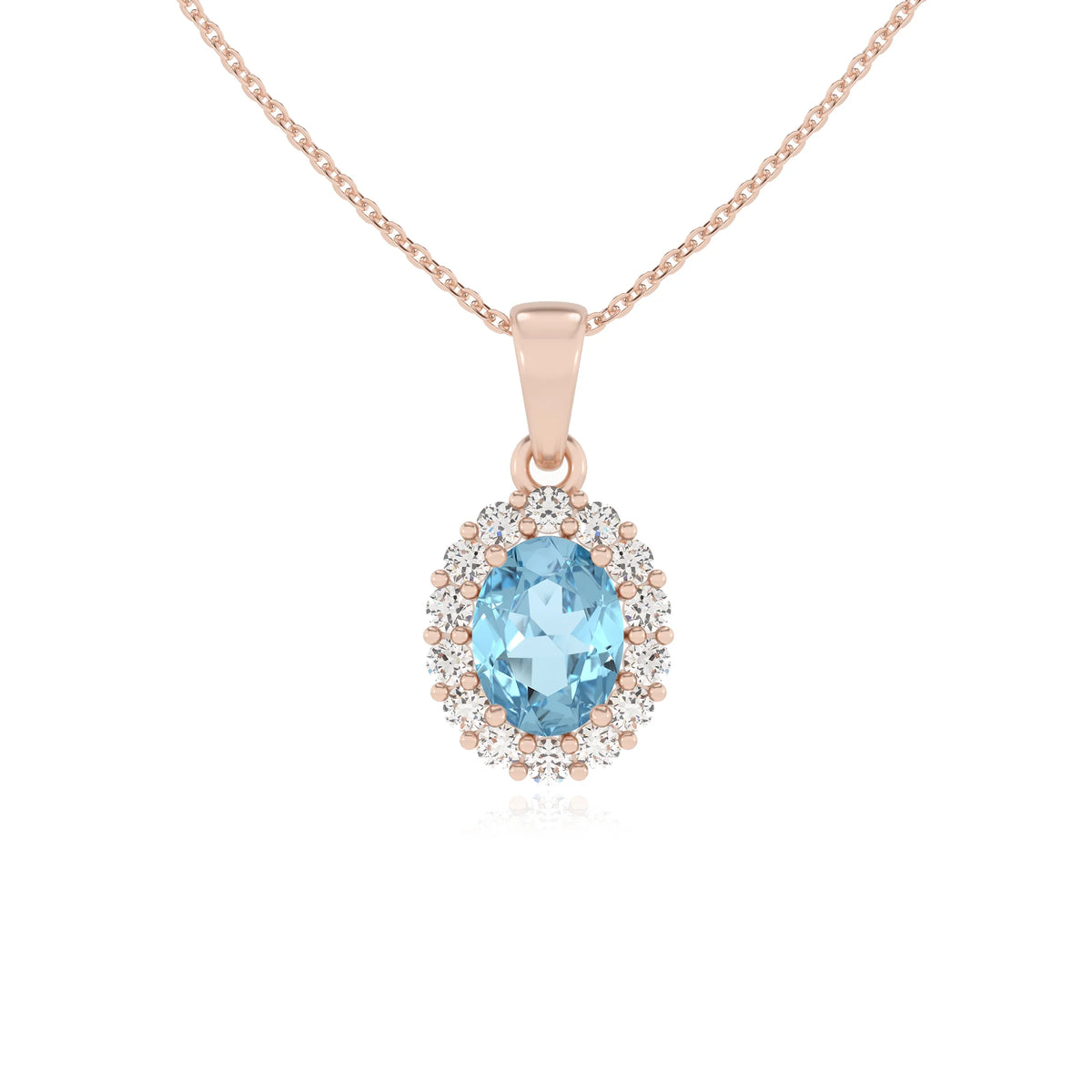 lab grown aquamarine oval solitaire necklaces in rose gold 