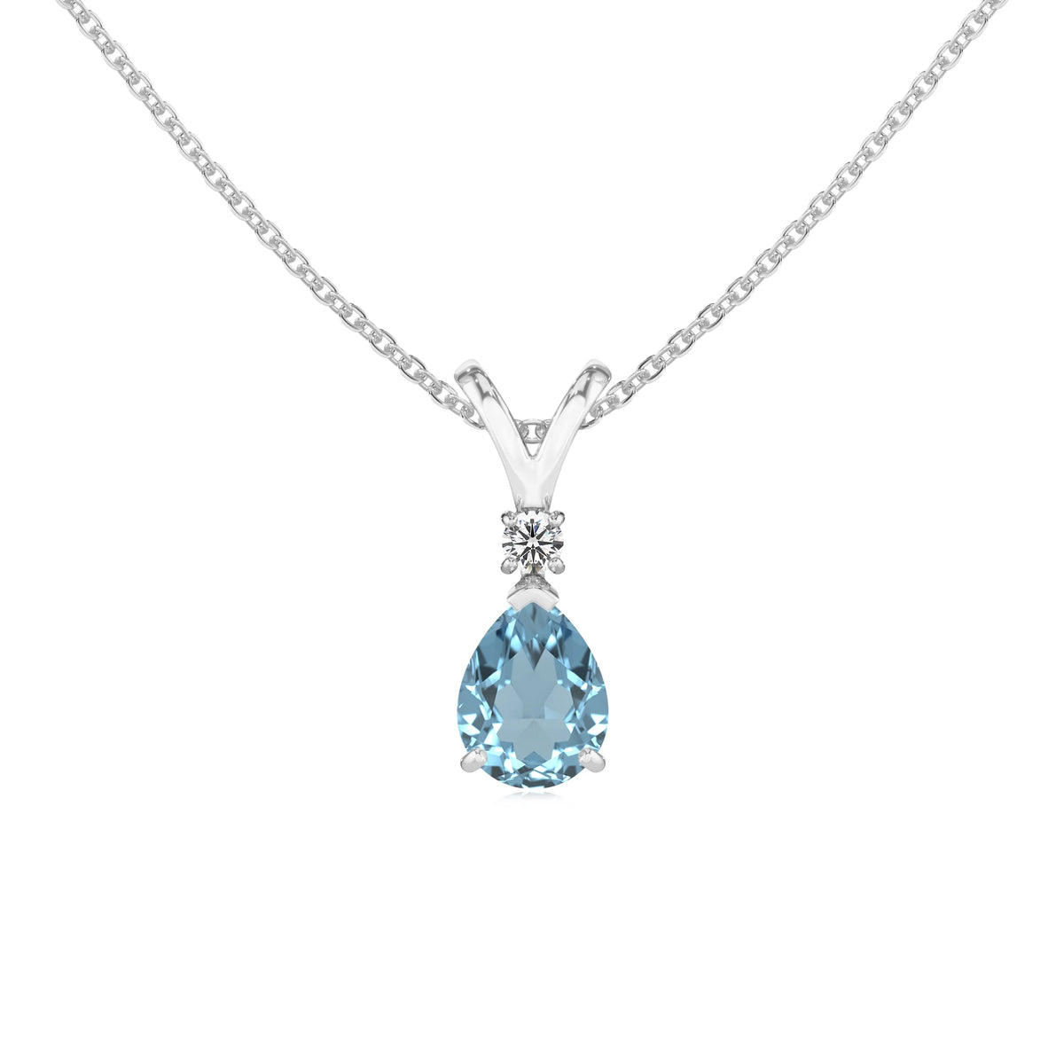 lab grown aquamarine pear solitaire v-bale necklaces in white gold 