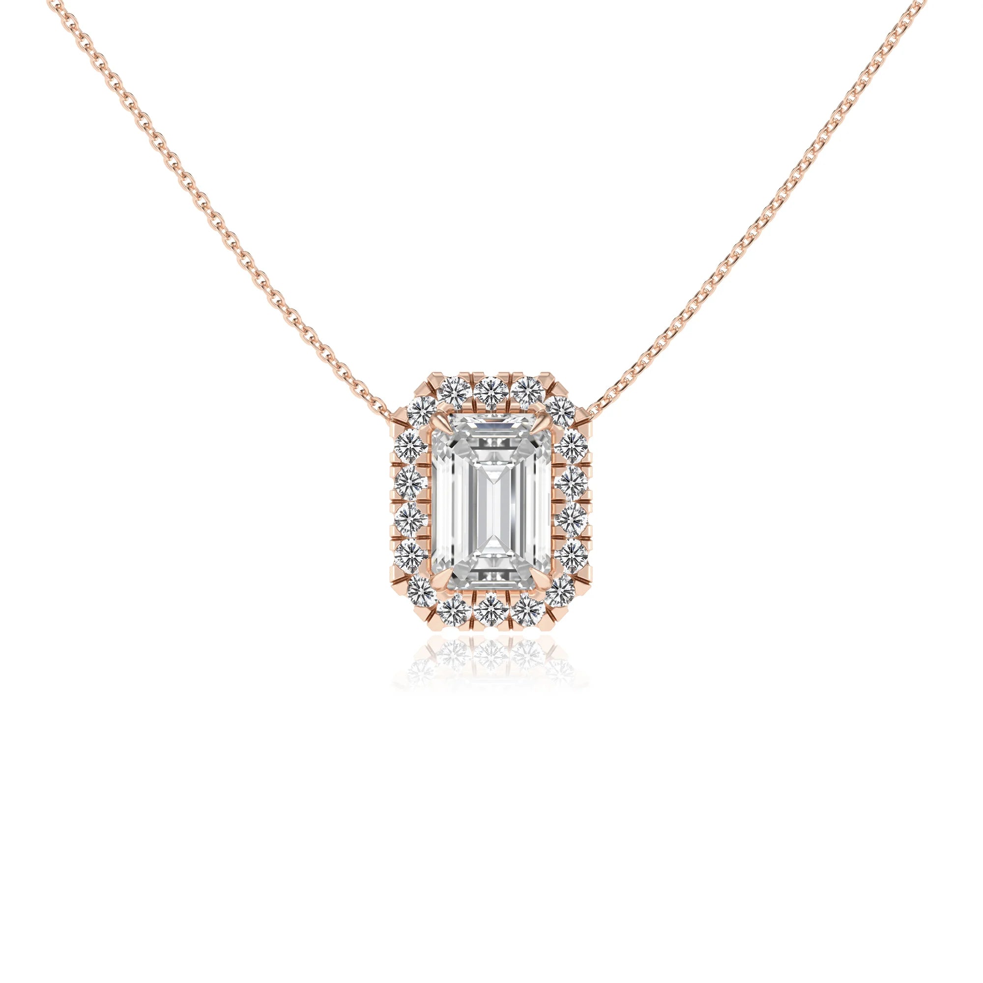 lab grown moissanite emerald cut solitaire necklaces in rose gold 
